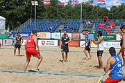 Deutsch: Beachhandball Europameisterschaften 2019 (Beach handball Euro); Tag 2: 3. Juli 2019 – Männer, Vorrunde Gruppe B, Serbien-Portugal 2:0 (20:15, 88:17) English: Beach handball Euro; Day 2: 3 July 2019 – Men Preliminary Round Group B - Serbia-Portugal 2:0 (20:15, 88:17)