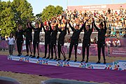 Deutsch: Beachhandball bei den Olympischen Jugendspielen 2018 in Buenos Aires; Tag 7, 13. Oktober 2018; Medaillenzeremonie Mädchen - Gold: Argentinien, Silber: Kroatien, Bronze: Ungarn English: Beach handball at the 2018 Summer Youth Olympics in Buenos Aires at 13 October 2018 – Medal Ceremony Girls - Gold: Argentina, Silver: Croatia, Bronze: Hungary Español: Handball de playa en los Juegos Olimpicos de la Juventud Buenos Aires 2018 en 13 de octubre de 2018 – Medalla Ceremonia para niñas - Oro: Argentina, Plata: Croacia, Bronce: Hungría