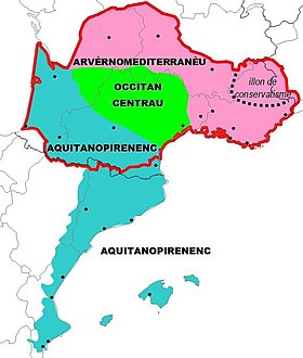 Clasificación supradialectal del occitano según PierreBec.