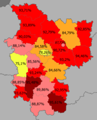 Podíl Bělorusů podle regionů[18] >95 % 90–95 % 85–90 % 80–85 % <80 %