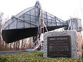 Bell Labs' Horn Antenna on Crawford Hill in Holmdel NJ - In 1964 while using the Horn Antenna, Penzias and Wilson stumbled on the microwave background radiation that permeates the universe. Bell Labs Horn Antenna Crawford Hill NJ.jpg