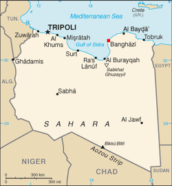 リビア北東部のベンガジの位置の位置図