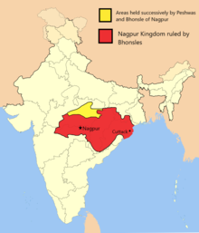 the Kingdom of Nagpur at its greatest extent in 1751. Bhonsle kingdom of Nagpur.png