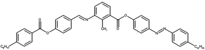 Azo bent-core mesogen thermal transitions in degC: K 82.8 Sy 93.4 Sx 104.3 Sc 118.5 Nb 149 Nu 176.5 I Biaxialnematic2005.png