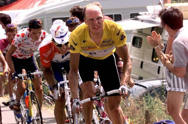 Riis attacking during the stage to Hautacam at the 1996 Tour de France
