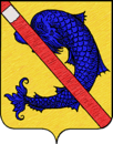 D'or au dauphin pâmé d'azur, au bâton de gueules chargé d'un écusson en chef (Blason des seigneurs de Jaligny).