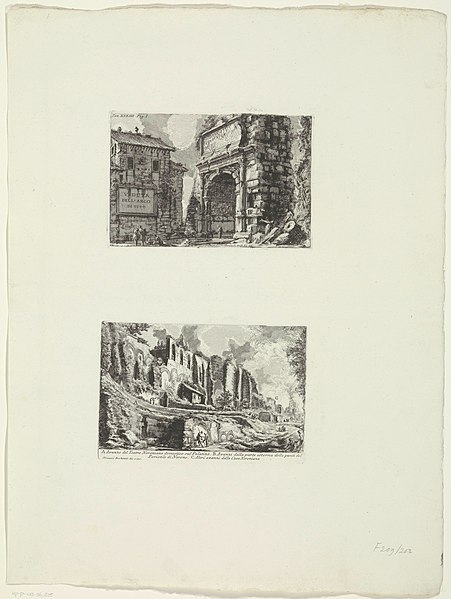 File:Boog van Titus en ruïnes op de Palatijn te Rome Veduta dell'arco di Tito (boven) (titel op object) Archeologische vondsten in en rond Rome (serietitel) Le Antichità Romane (serietitel), RP-P-OB-36.825.jpg