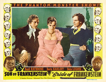 Lobby card for re-release of Bride of Frankenstein with Douglas Walton as Percy Bysshe Shelley, Lanchester as Mary Wollstonecraft Shelley and Gavin Gordon as Lord Byron.