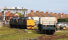 Two Direct Rail Services Class 37 locomotives shunting in the goods yard