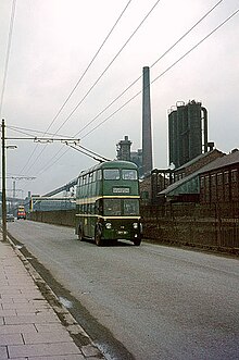 Trolleybus passing one of the coking plants which manufactured coke for the blast furnaces (1966) British Trolleybuses - Teesside - geograph.org.uk - 562209.jpg