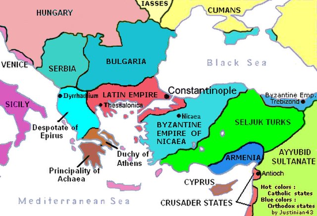 After 1204, the Byzantine Empire was partitioned between various successor states, with the Latin Empire in control of Constantinople