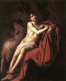 Peinture d'un jeune homme assis, dénudé, un roseau à la main et s'appuyant contre un support indistinct revêtu d'un drap rouge; à ses côtés se tient un bélier.