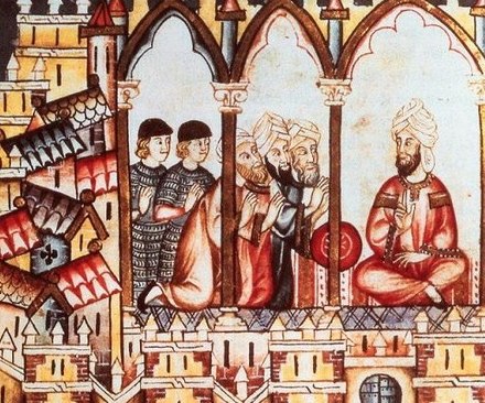 Castillian ambassadors meeting Almohad caliph Abu Hafs Umar al-Murtada, contemporary depiction from the Cantigas de Santa Maria