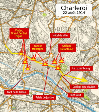 Topographical map of Charleroi at the start of World War I, showing the route taken by German soldiers and the main locations. Charleroi - 22 aout 1914.png