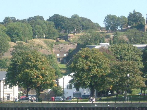 Looking from the river at Sun Pier along the Great Barrier Ditch, to the Gun Platforms at Fort Amherst