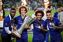 David Luiz holding the UEFA Europa League trophy after winning the final with Chelsea Chelsea vs. Arsenal, 29 May 2019 28.jpg