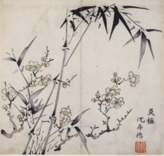 Tušová kresba větve bambusu a několika třešňových větví obsypaných květy