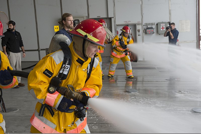 File:Civil service mariners aboard the joint high speed vessel USNS Spearhead (JHSV 1) spray water during a fire drill aboard the ship Feb. 18, 2014, at sea in the U.S. 6th Fleet area of responsibility 140218-N-ZY039-097.jpg