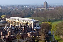 The University Library (background) and Trinity College's Wren Library (foreground), as viewed from St John's College chapel tower Cmglee Cambridge Wren Library University Library.jpg