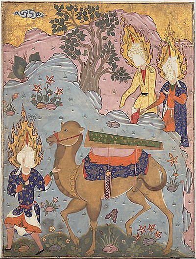 Ali odprowadza wielbłąda ze swoim ciałem na miejsce pochówku. W oddali jego synowie Hasan i Husajn. Ilustracja do Falname Dżafara as-Sadika, Kazwin, ok. 1555 - 1560. Zbiory Metropolitan Museum of Art[35]