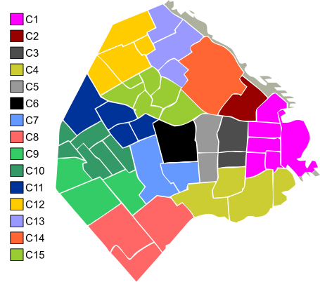 The comunas separately coloured, showing neighbourhood divisions Comunas.svg