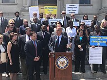 Senator Cory Booker at a rally in support of the Marijuana Justice Act in August 2017 Cory Booker Marijuana Justice Act rally 2017.jpg