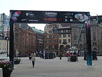 Square in Malmö before the finals, with time table demonstrating the countdown for the broadcast.