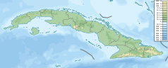 Mapa konturowa Kuby, na dole po prawej znajduje się punkt z opisem „Park Narodowy Turquino”