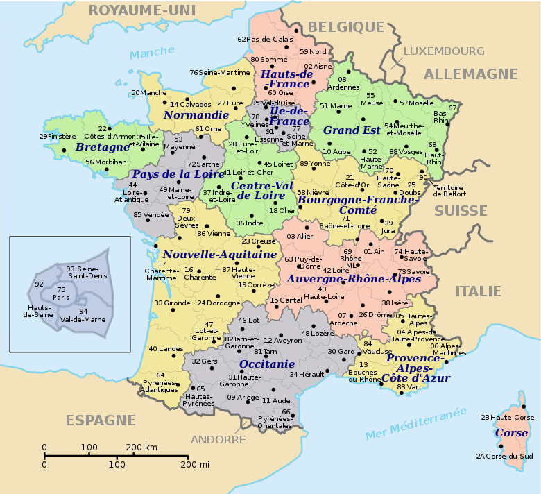 Regions and departments of Metropolitan France in 2016.