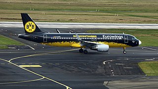 Un Airbus A320 peint aux couleurs du club de football du Borussia Dortmund, évoluant en Bundesliga (1ère division allemande)