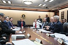 Trump receives a briefing on COVID-19 in the White House Situation Room. Donald Trump Coronavirus briefing.jpg