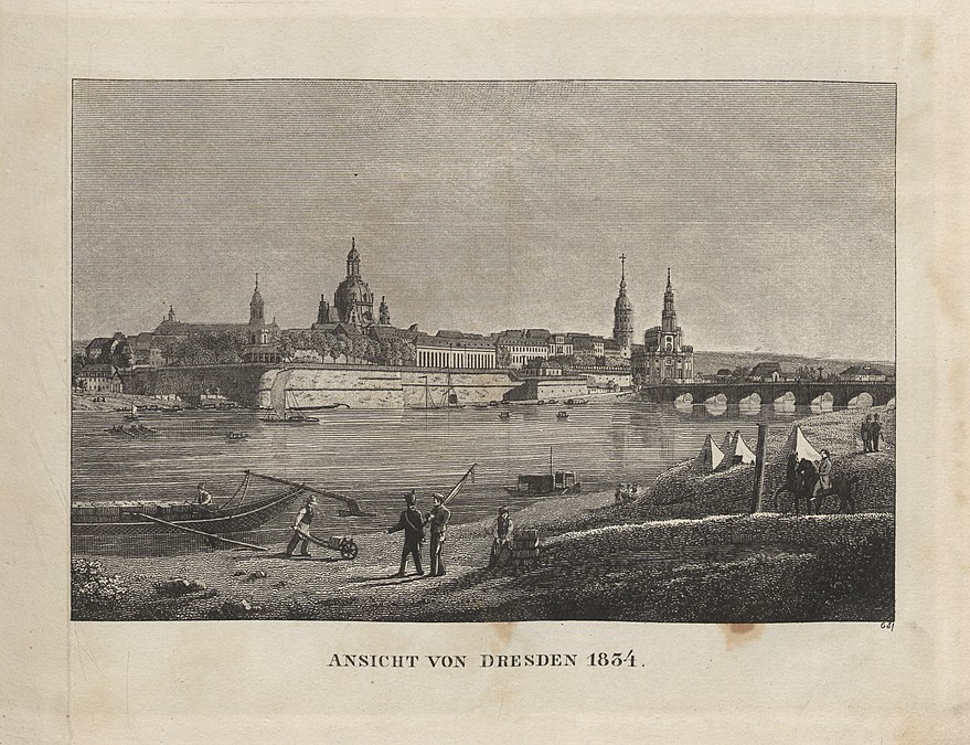Ansicht von Dresden von 1834. Der Eingang zum Gondelhafen ist an der linken Ecke der Befestigungsanlagen zu erkennen - einschließlich einer Vielzahl an Gondeln auf der Elbe.