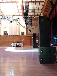 Each stack of speakers in this sound reinforcement setup consists of two EAW SB1000 slanted baffle subwoofers (each contains two 18-inch drivers) and two EAW KF850 full range cabinets for the mid and high frequencies. EAW KF850s + SB1000s (Blacklight Party).jpg