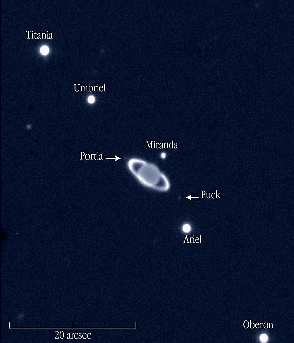 Miranda, Uranus, and its other moons photographed by the Cerro Paranal Observatory.