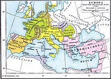 The Ostrogothic Kingdom (in yellow) at the death of Theodoric the Great (AD 526) Europe at the death of Theoderic the Great in 526.jpg