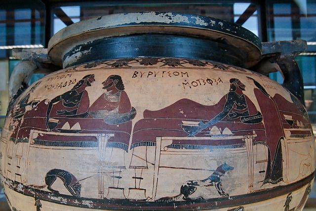 Greek mythology influenced the Etruscans. This vase at Caere shows King Eurytus of Oechalia and Heracles in a symposium. Krater of corinthian columns 