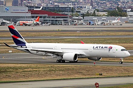 A LATAM Brasil Airbus A350-900 at Toulouse Blagnac International Airport in 2016.