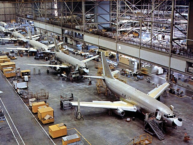 Final assembly of a Boeing 737 airplane, 1975