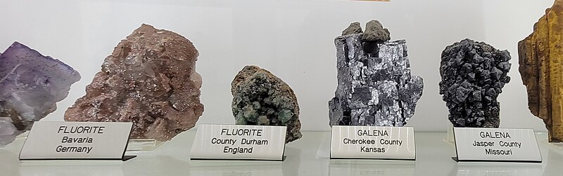 File:Fluorite and galena samples (Empire Mine museum).jpg