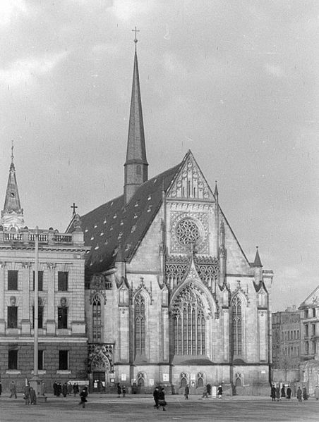 The Paulinerkirche, the university church of Leipzig, view from the Augustusplatz, 1948, facade by Arwed Roßbach