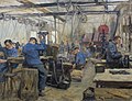 "Lathe workers". Oil on paper, 59 x 70 cm.