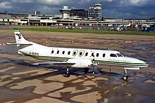 The Metroliner G-BUKA wearing the Atlantic Airways titles which were adopted in 1993. G-BUKA 1 SA.227AC Metroliner Atlantic Aws MAN 17MAR95 (6783786118).jpg