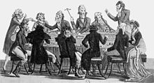 Caricature of gambling, showing a number of men -- and one woman -- at an early roulette table, ca. 1800. Gambling-ca-1800.jpg