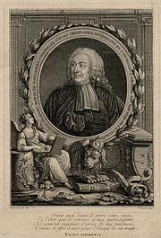 Sort og hvidt portræt af Gaspard Moïse Augustin de Fontanieu, rigt dekoreret rundt om kanten.