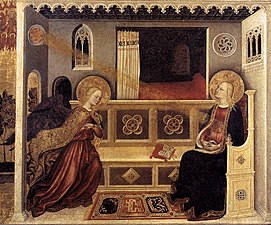 Peinture. L'ange arrive debout vers Marie qui regarde vers la colombe.