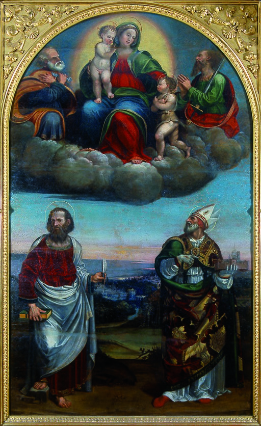 Gian Gherardo dalle Catene, La Madonna col Bambino, i santi Giovannino, Pietro e Paolo tra le nuvole e, in basso, Bartolomeo e Geminiano, Museo Civico di Modena