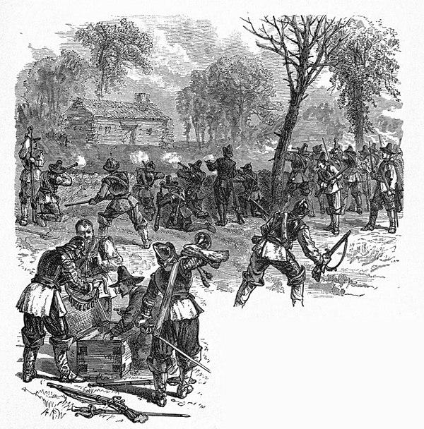 Attack on Shawomet by soldiers from Massachusetts in 1643 from a 19th-century history of the United States