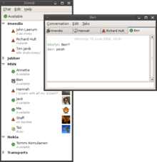 A classic example of instant messaging on a desktop computer: the left window of this software showing a list of contacts ("buddy list") and the right window an active IM conversation Gossip-chat.png
