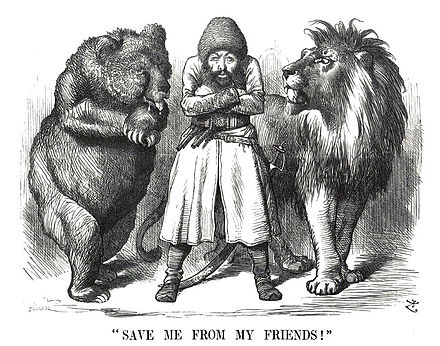 Political cartoon depicting the Afghan Emir Sher Ali with his "friends" the Russian Bear and British Lion (1878). The Great Game saw the rise of systematic espionage and surveillance throughout the region by both powers