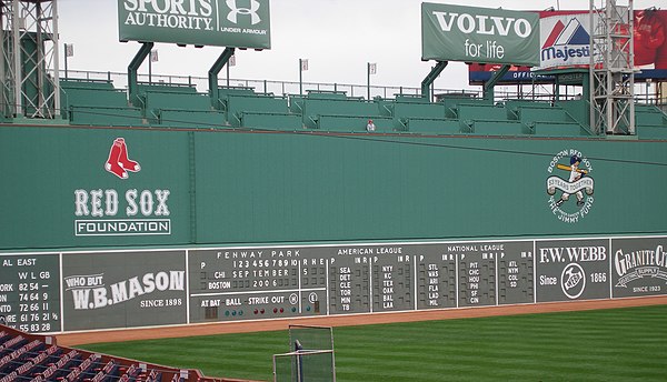 The Green Monster as seen from the grandstand section on September 5, 2006. The ladder is visible to the right of the Red Sox Foundation logo.
